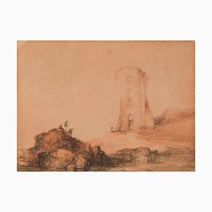 Figuras y torre, siglo XIX, acuarela sobre papel