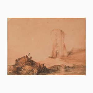 Figure e torre, XIX secolo, Acquarello su carta