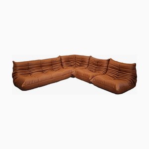 Cognac Brown Leather Togo Sofa by Michel Ducaroy for Ligne Roset, 1970s, Set of 4