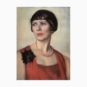 Art Deco Portrait of Woman in Red Dress with Black Corsage, 1930s, Pastel