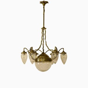 Antique Art Nouveau Brass and Crystal Chandelier, Italy, 1920s