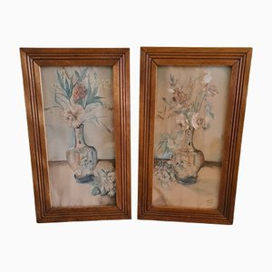 Maurice Muller, Chinese Vases with Flowers, 1921, Watercolor on Paper, Framed, Set of 2