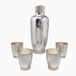 Italian Stainless Steel Cocktail Shaker Set with Four Glasses, 1950s, Set of 5