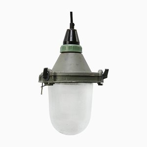 Industrial Striped Clear Glass & Grey Green Pendant Lights