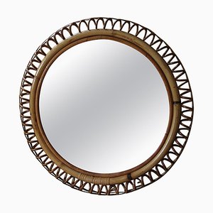 Vintage Rattan and Bamboo Round Wall Mirror by Franco Albini, 1960s