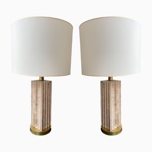Modern Italian Travertine and Brass Lamps, Set of 2