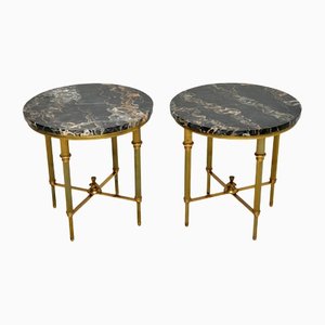 Antique French Brass & Marble Side Tables, Set of 2