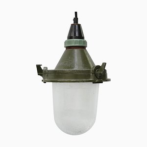 Industrial Striped Clear Glass & Green Pendant Light