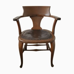 Antique Oak Captains Chair with Studded Faux Leather Seat, 1920s