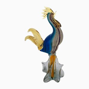 Large Murano Cockerel with Uranium Sommerso Glass & Silver Foil, 1960s