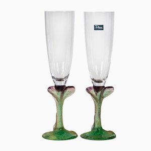 French Pate De Verre Nature Champagne Flutes from Daum, Set of 2