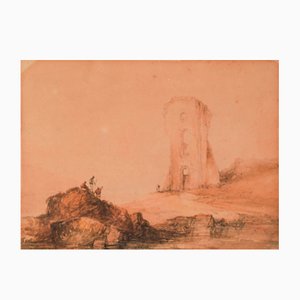 Figures and Tower, 19th-Century, Watercolour on Paper