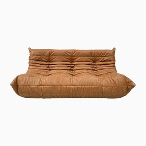 Vintage French Brown Leather Togo Sofa by Michel Ducaroy for Ligne Roset.