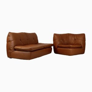 Set of Caramel Faux Leather Convertible Sofa & Corner Chair, France, 1990s