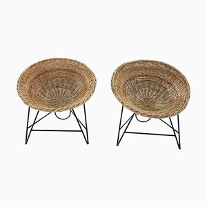 Rattan Woven Basket Chair with Hairpin Legs, 1960s, Set of 2