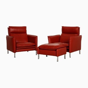Red Leather Porto Armchairs with Relax Function & Ottoman from Erpo, Set of 3