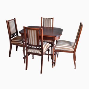 Antiker Art Deco Mahagoni Esstisch & Stühle, 5er Set