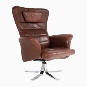 Mid-Century Danish Swivel Chair in Cognac Brown Leather on Chrome Base