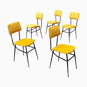 Mid-Century Italian Fire Yellow Velvet and Black Metal Structure Chairs, 1960s, Set of 5