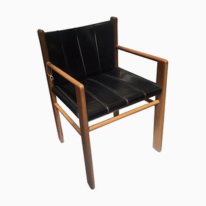Mid-Century Modern Armchair in Walnut & Black Leather by G. Frattini for Bernini