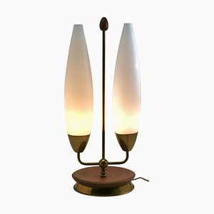 Vintage Table Lamp With Milk-White Glass Shades & Brass / Fruitwood Base