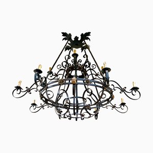 Lámpara de araña francesa grande de hierro forjado con doce luces, siglo XIX