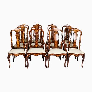18th Century Dutch Marquetry Walnut High Back Dining Chairs, Set of 12