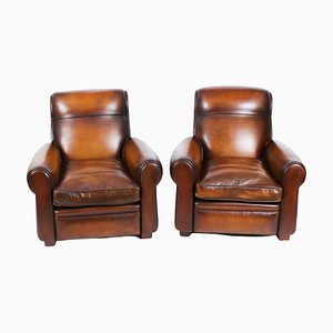 Antique 20th Century Leather Club Armchairs, Set of 2