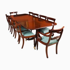 Vintage Twin Pillar Dining Table & 10 Dining Chairs 20th C, Set of 11