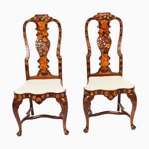 Antique Dutch Marquetry Walnut Highback Side Chairs, Set of 2