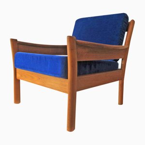 Teak & Blue Velvet Lounge Chair from Dyrlund, Denmark, 1970s