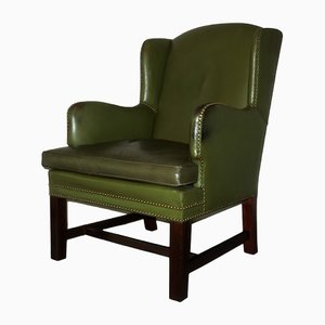 Mid-Century Patinated Olive Green Leather Wing Lounge Chair, 1970s