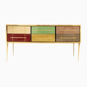 Italian Sideboard in Solid Wood With Colored Glass, 1950s