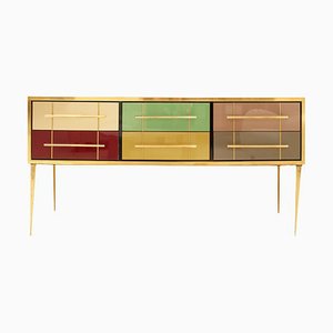 Italian Sideboard in Solid Wood With Colored Glass, 1950s