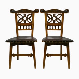 Chaises Art Nouveau en Chêne avec Sièges en Cuir, 1900, Set de 2