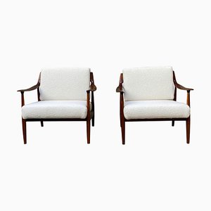 Danish Wood and White Boucle Armchairs, 1970s, Set of 2