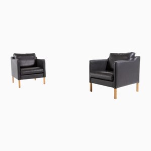 Scandinavian Modern Black Leather Club Armchairs