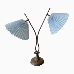 American Double-Headed Brass Lamp with Knife-Pleated Shades, 1950s