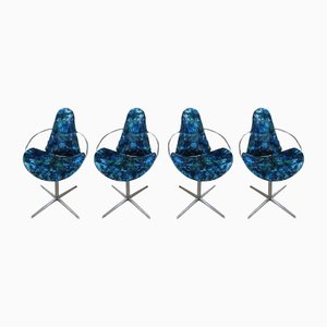 Italian Style Chrome Dining Chairs with Original Blue Velvet Upholstery, 1970s, Set of 4