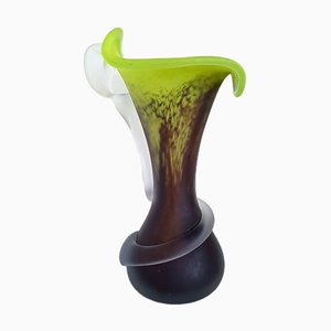 Vaso vintage in pasta di vetro verde e marrone di Toul Art Glassware