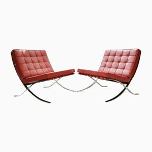 Red Leather Barcelona Armchairs by L. Mies Van Der Rohe for Knoll, Set of 2