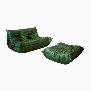 Green Leather Togo Sofa and Pouf by Michel Ducaroy for Ligne Roset, 1970s, Set of 2