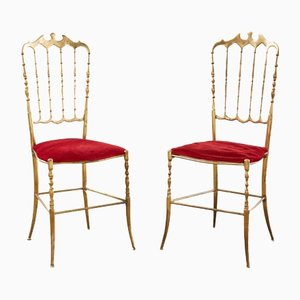 Italian Chiavari Chairs in Brass with Red Seat, 1950s, Set of 4