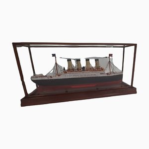 Vintage Yacht Model on Wood in Glass Display