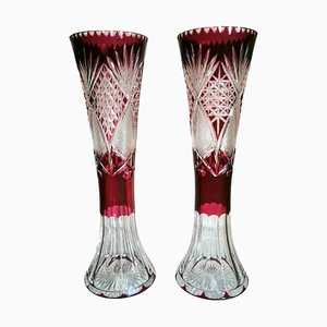 Vases Art Déco en Cristal Taillé et Broyé Style Saint Louis, France, Set de 2