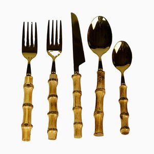 Servicio de fundición de bambú y acero dorado para 12 personas compuesto de tenedores dobles, cuchillos, cucharas y cucchains de la fábrica de cubiertos de acero inoxidable Jieyang Rongcheng Chuangyaxing. Juego de 60