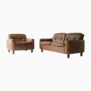 Norwegian Two-Seater Sofa and Armchair in Buffalo Leather by Sigurd Ressell for Vatne Mobler, 1970s, Set of 2