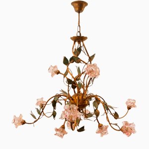 Lámpara de araña de hierro forjado con Vitri de Murano rosa