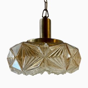 Scandinavian Modern Brass and Honey Glass Ceiling Lamp by Vitrika, 1960s