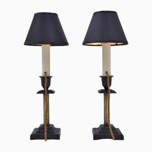 Antique English Aesthetic Movement Iron & Brass Candlestick Table Lamps, 1890's, Set of 2